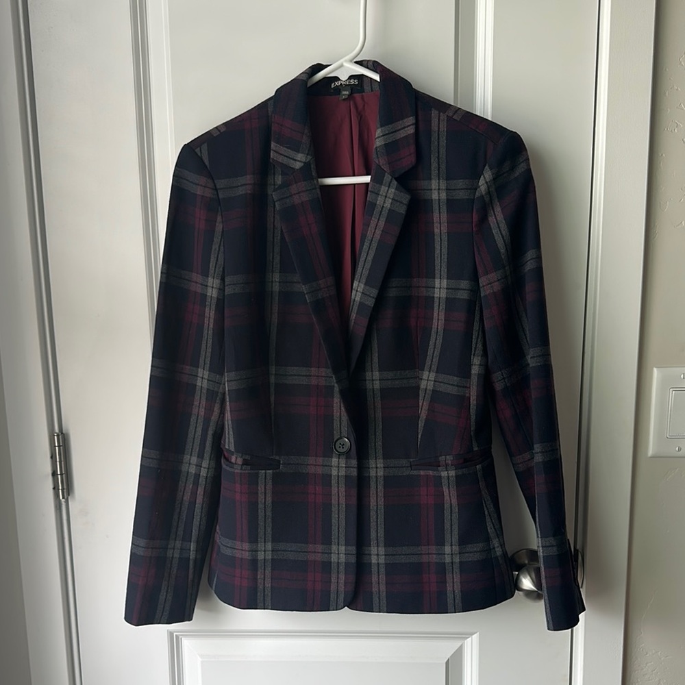Express Women's Plaid Blazer in Navy, Burgundy & Gray